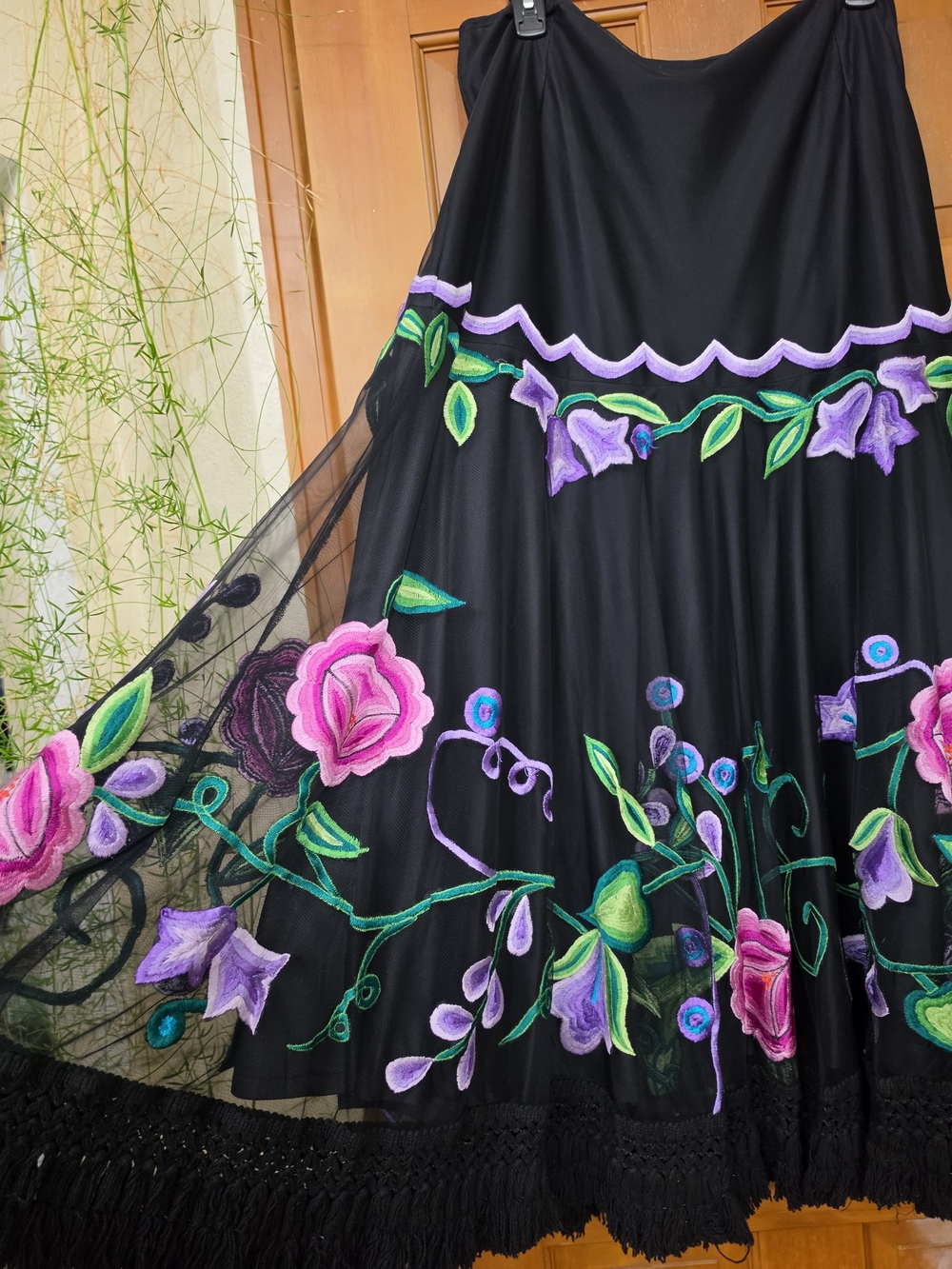 Black Floral Embroidered A-Line Maxi Skirt